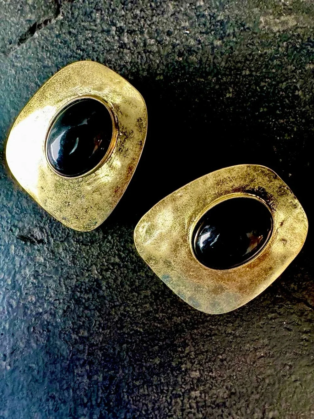 Vintage-Inspired Gold Tone Clip Earrings with Black Cabochon